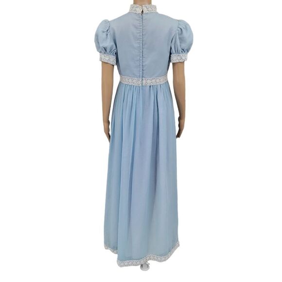 70s Does Regency Blue Maxi Dress Prarie Puffed Sleeves Union Made - Picture 3 of 14